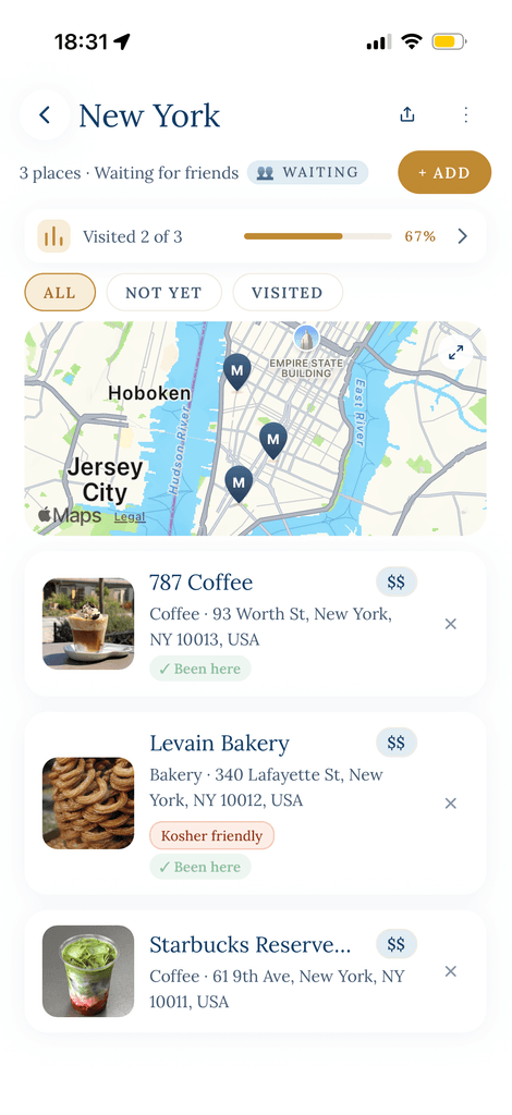 A MissEat list of saved places in New York, with a map and photos