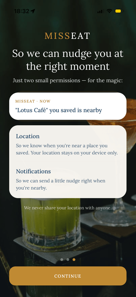 The MissEat nudge card, telling you a saved place is nearby